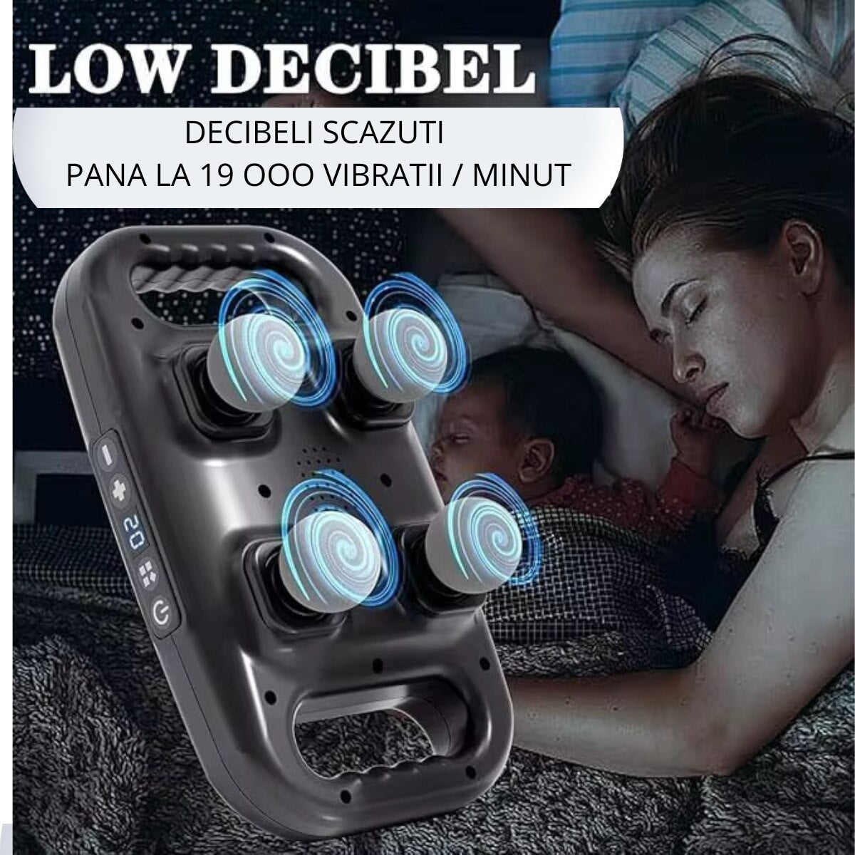 Aparat pentru masaj, Dispozitiv profesional cu 4 capete, 9 viteze reglabile, 19 000 percutii / min, temporizator inteligent, baterie 2000mAh reincarcabila