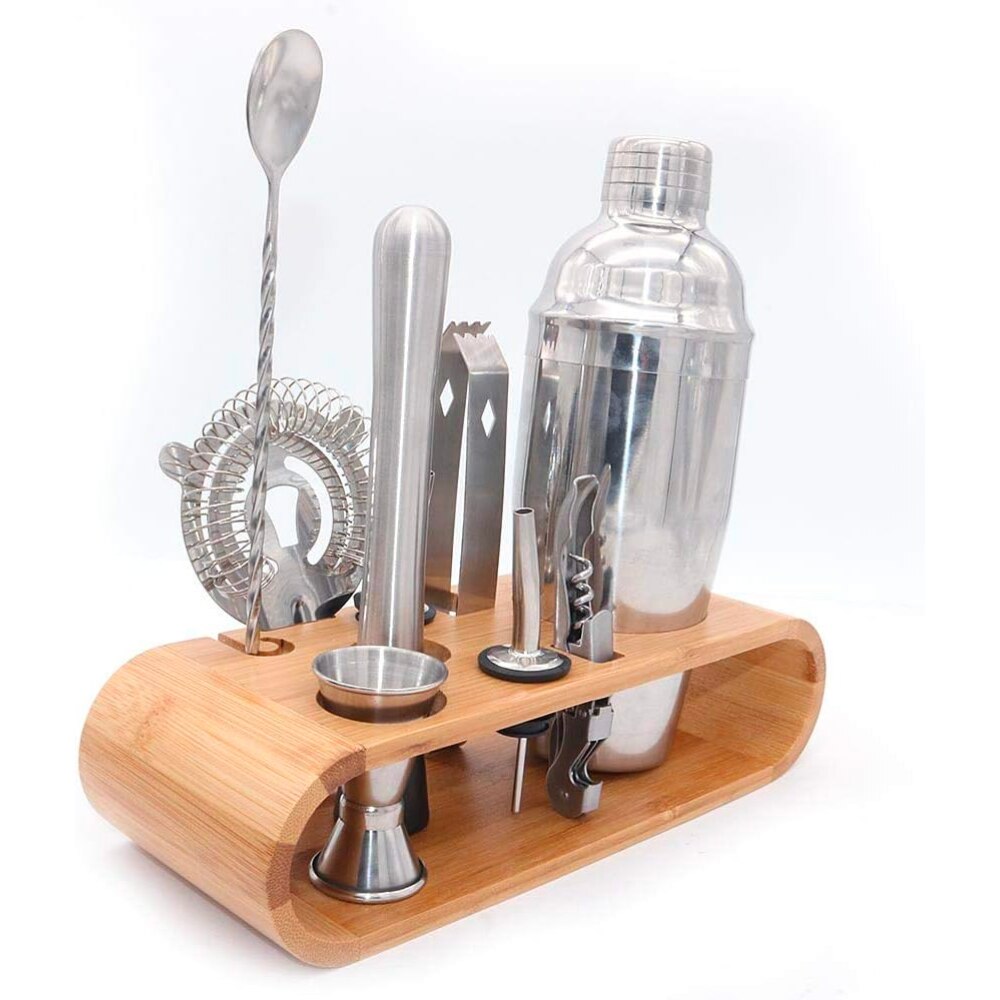 Set de Barman pentru Bauturi, suport din Bambus, Shaker Cobbler 550 ml, 10 Piese, Otel Inoxidabil, Argintiu