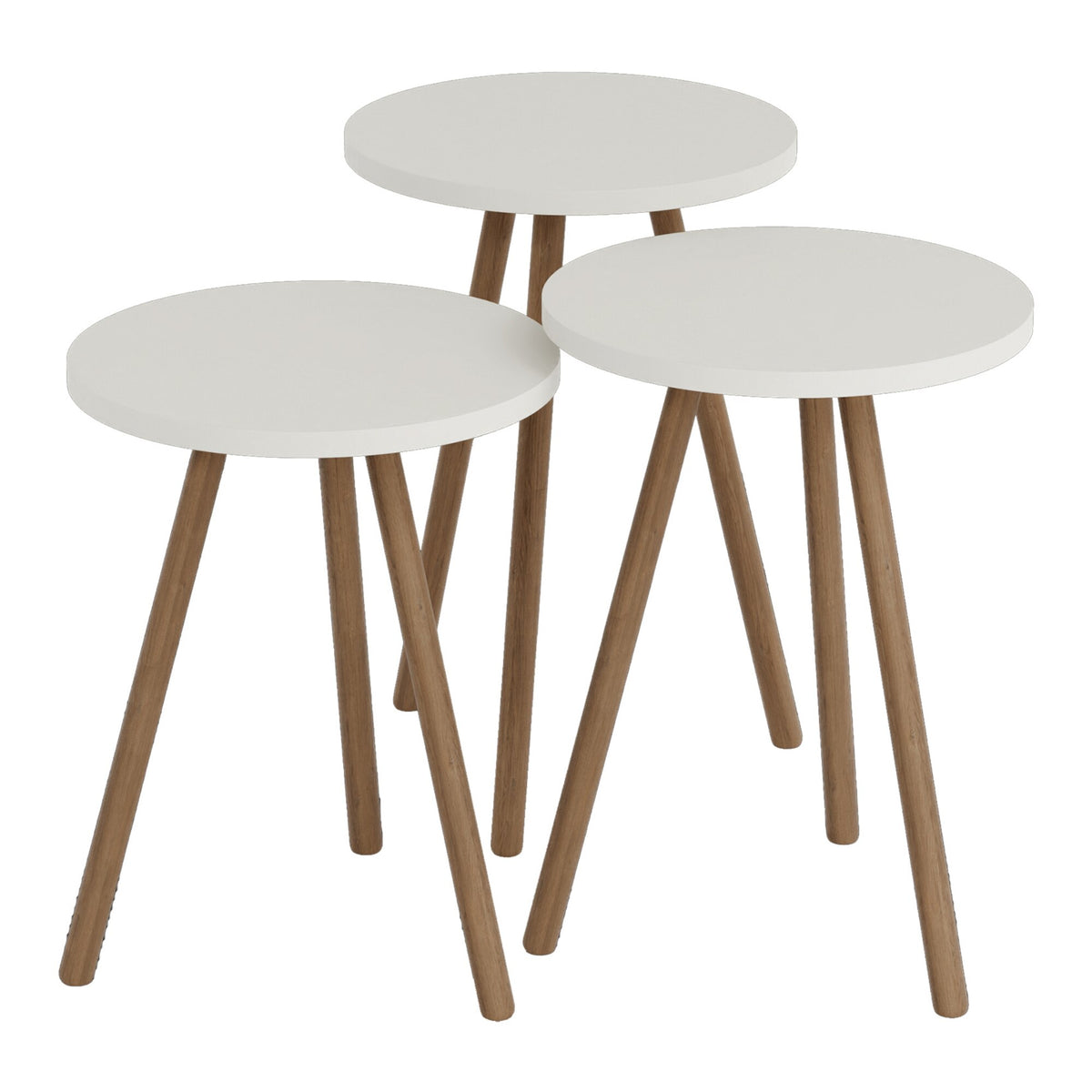 Set 3 masute decorative rotunde, cu picioare din lemn, stil scandinav, 3 inaltimi 41 / 45 / 49 cm