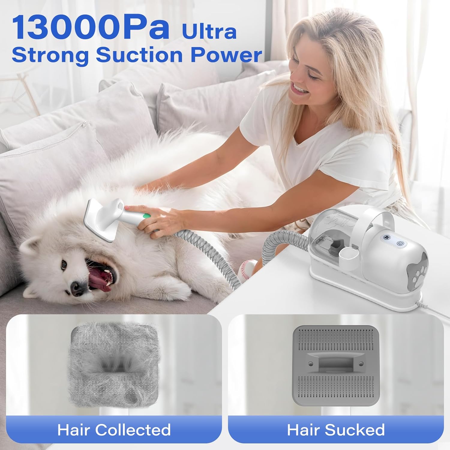 Masina de tuns animale 7 in 1 cu Aspirator integrat – Caini si Pisici, 6 dimensiuni de tuns, zgomot redus, Alb