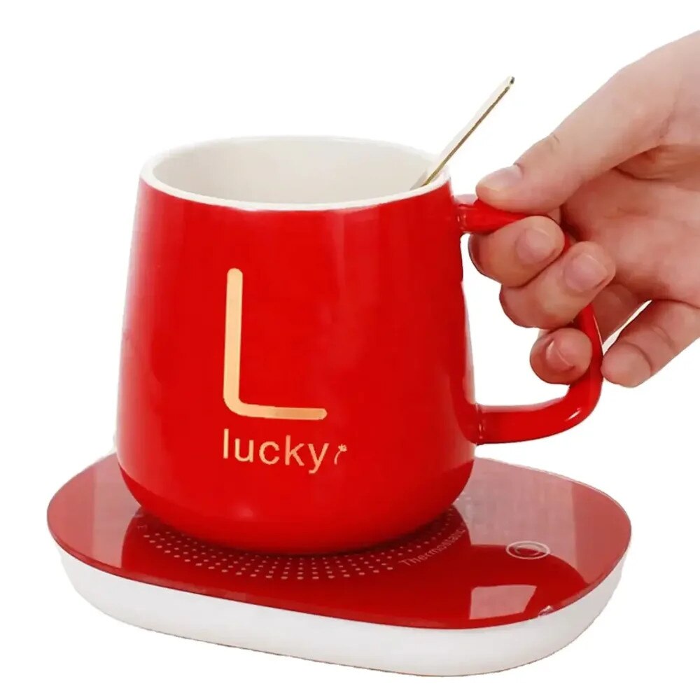 Set cadou Cana ceramica cu incalzitor, lingurita, temperatura constanta 55 grade, 220V, 400 ml