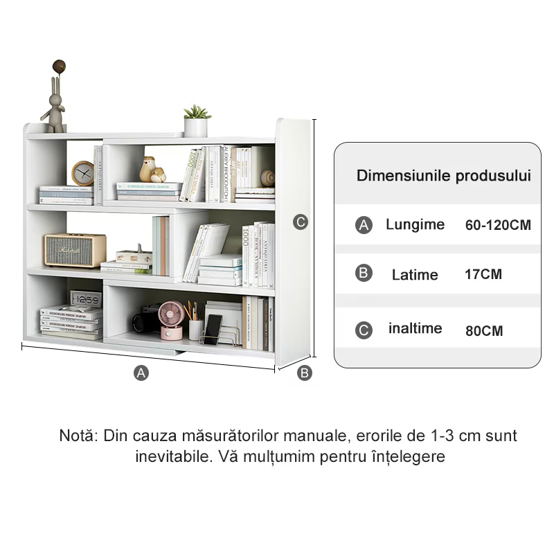 Biblioteca cu 6 compartimente, rotativa, cu lungime reglabila si extensibila, (60-120)×17×80cm, alb