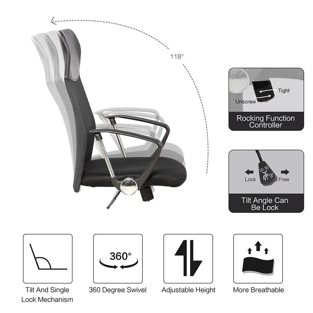 Scaun de birou ergonomic, mesh, inaltime reglabila, mecanism tilt, Negru