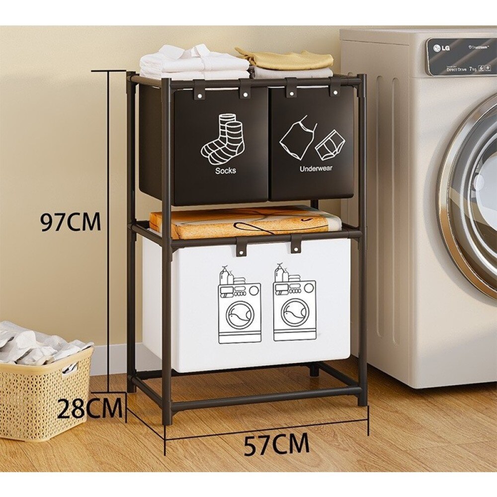 Raft pentru baie cu cos de rufe, doua straturi, cadru de otel inoxidabil, 97x28x57 cm, negru