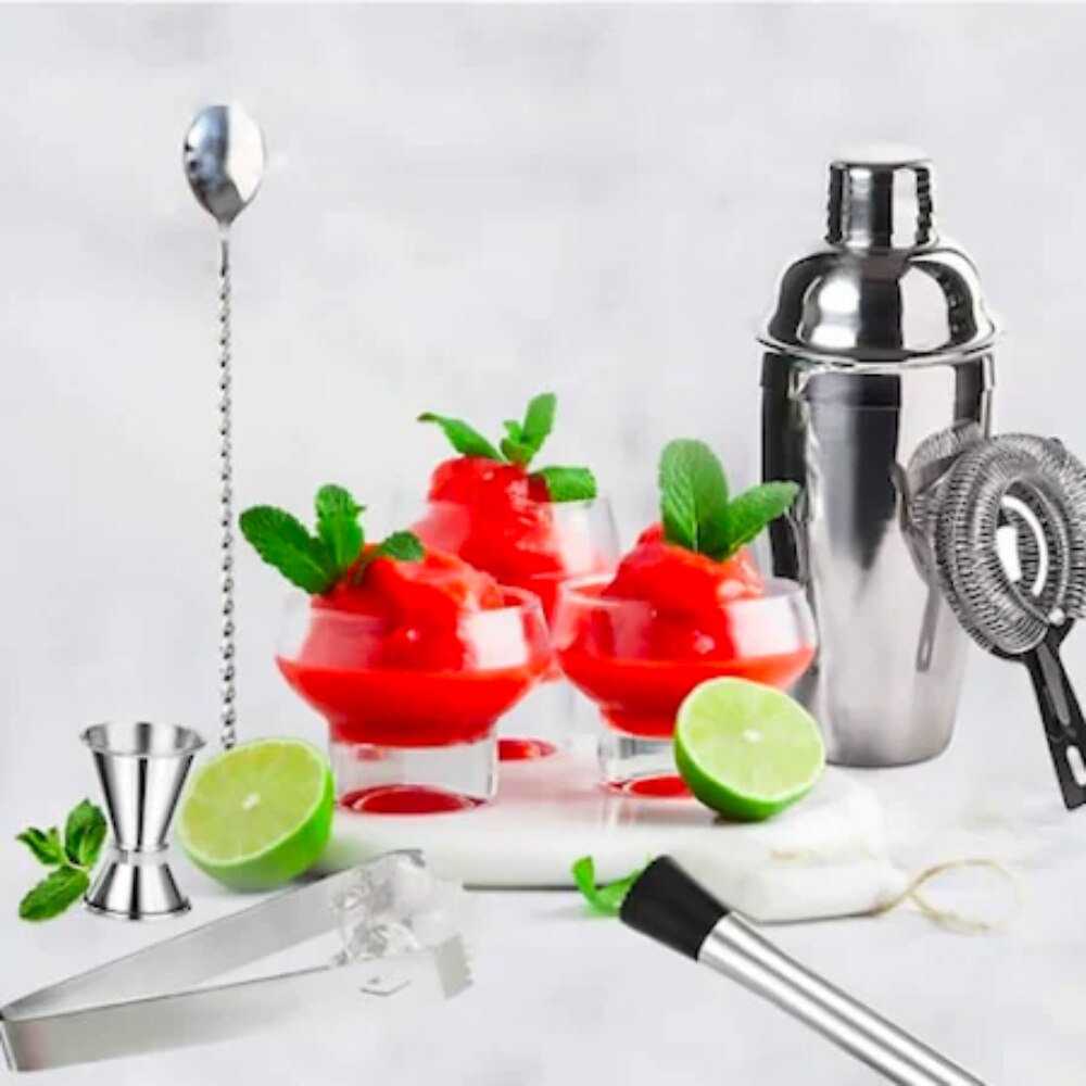 Set de Barman pentru Bauturi, suport din Bambus, Shaker Cobbler 550 ml, 10 Piese, Otel Inoxidabil, Argintiu