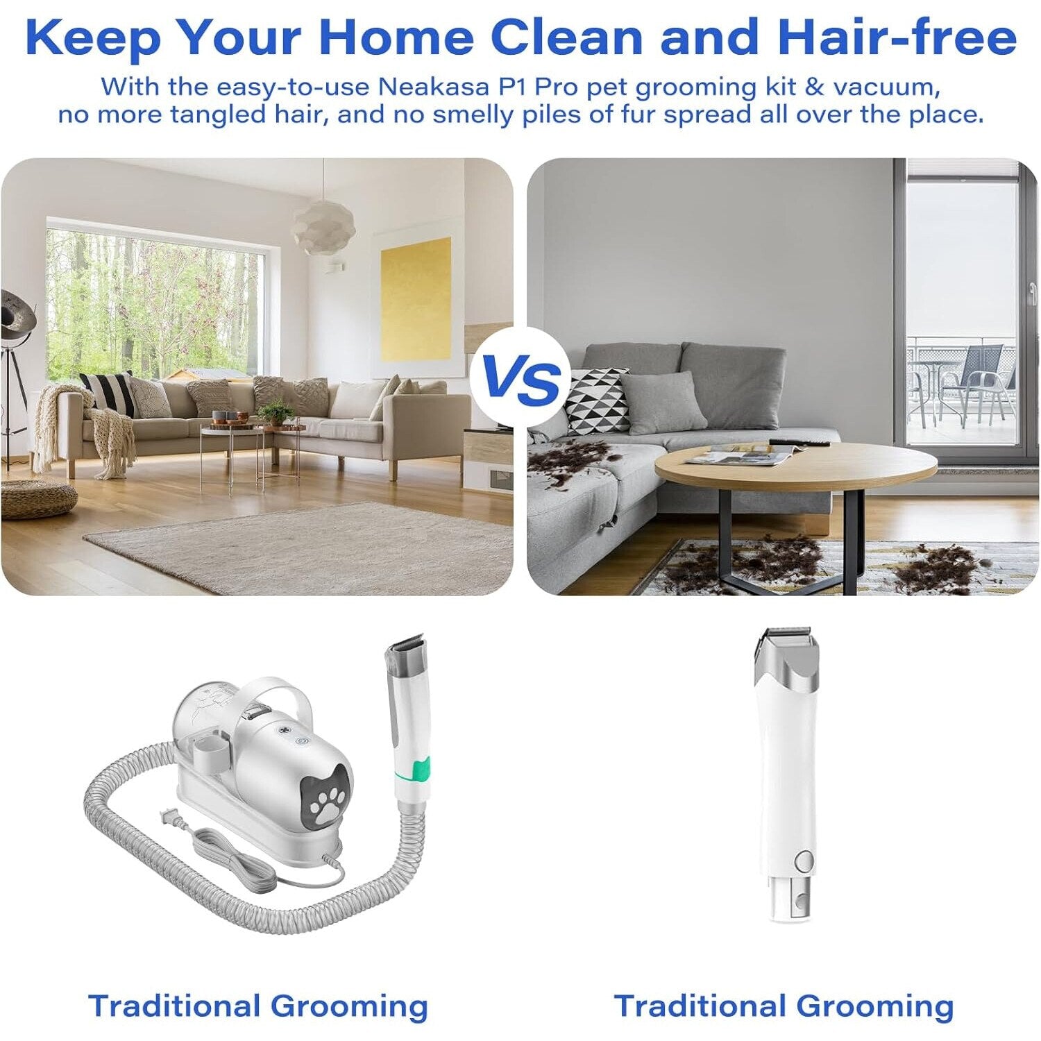 Masina de tuns animale 7 in 1 cu Aspirator integrat – Caini si Pisici, 6 dimensiuni de tuns, zgomot redus, Alb