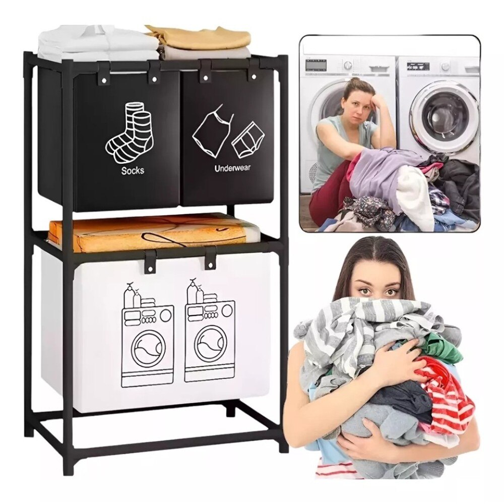 Raft pentru baie cu cos de rufe, doua straturi, cadru de otel inoxidabil, 97x28x57 cm, negru