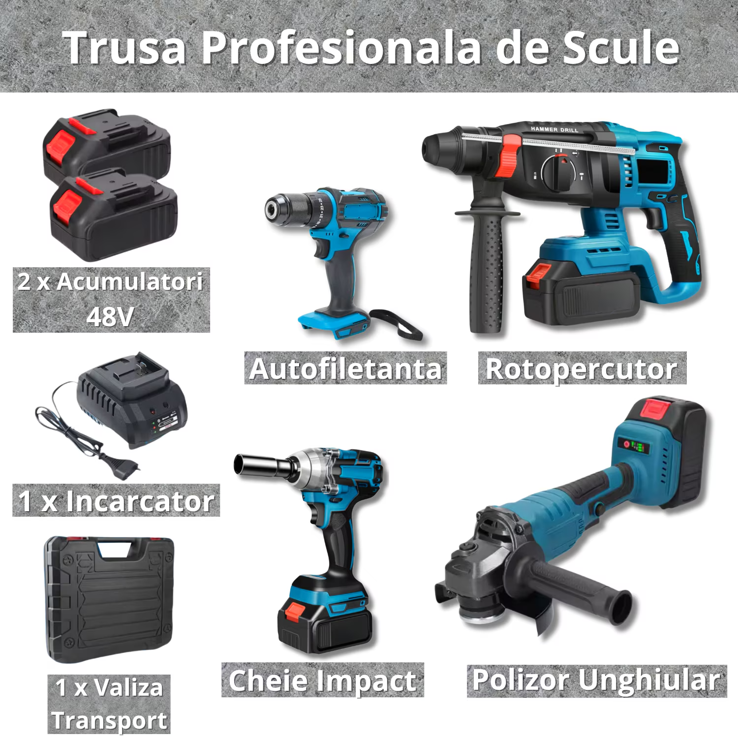 Trusa 4 piese cu acumulator, autofiletanta, rotopercutor, polizor unghiular, bormasina impact, 20V, 4Ah