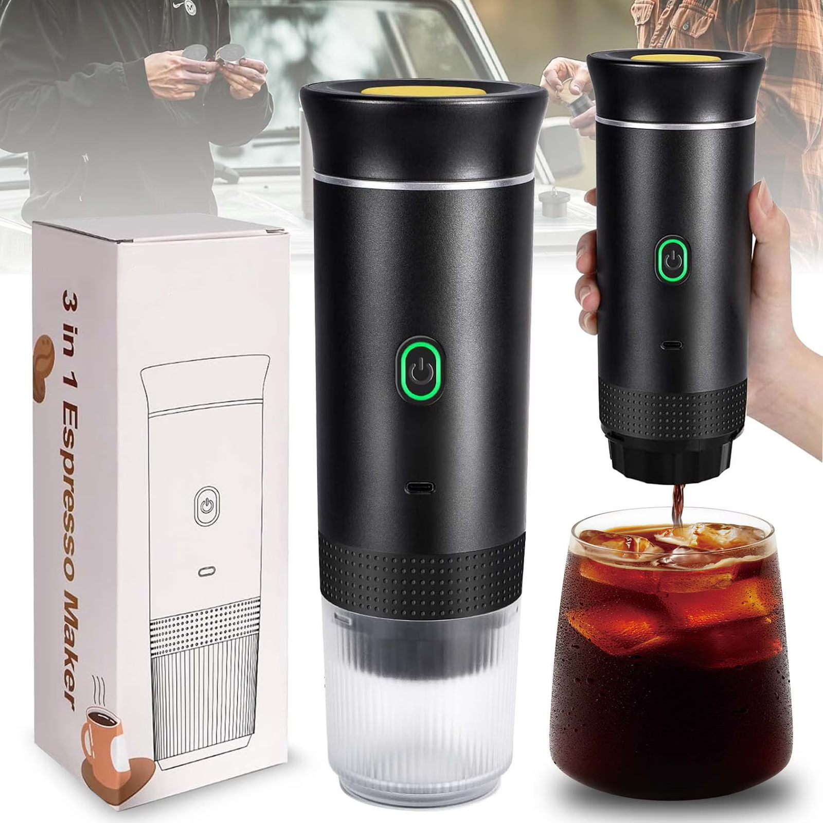 Espressor Portabil 3 in 1 Capsule si Cafea Macinata, USB Reincarcabil, 20BAR, 60ml