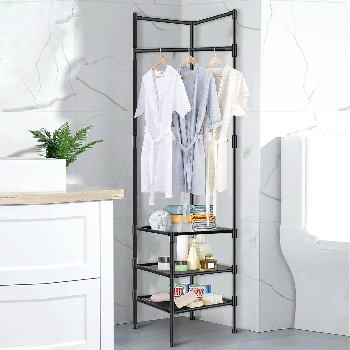 Cuier haine metalic pentru coltul camerei, 3 rafturi 180 x 44 x 44 cm