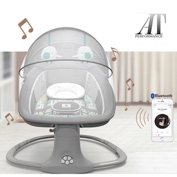 Balansoar copii 3 in 1, Electric, cu Plasa Tantari, Perna Detasabila, Jucarii, USB, Bluetooth, Telecomanda, 0-3 ani, Gri