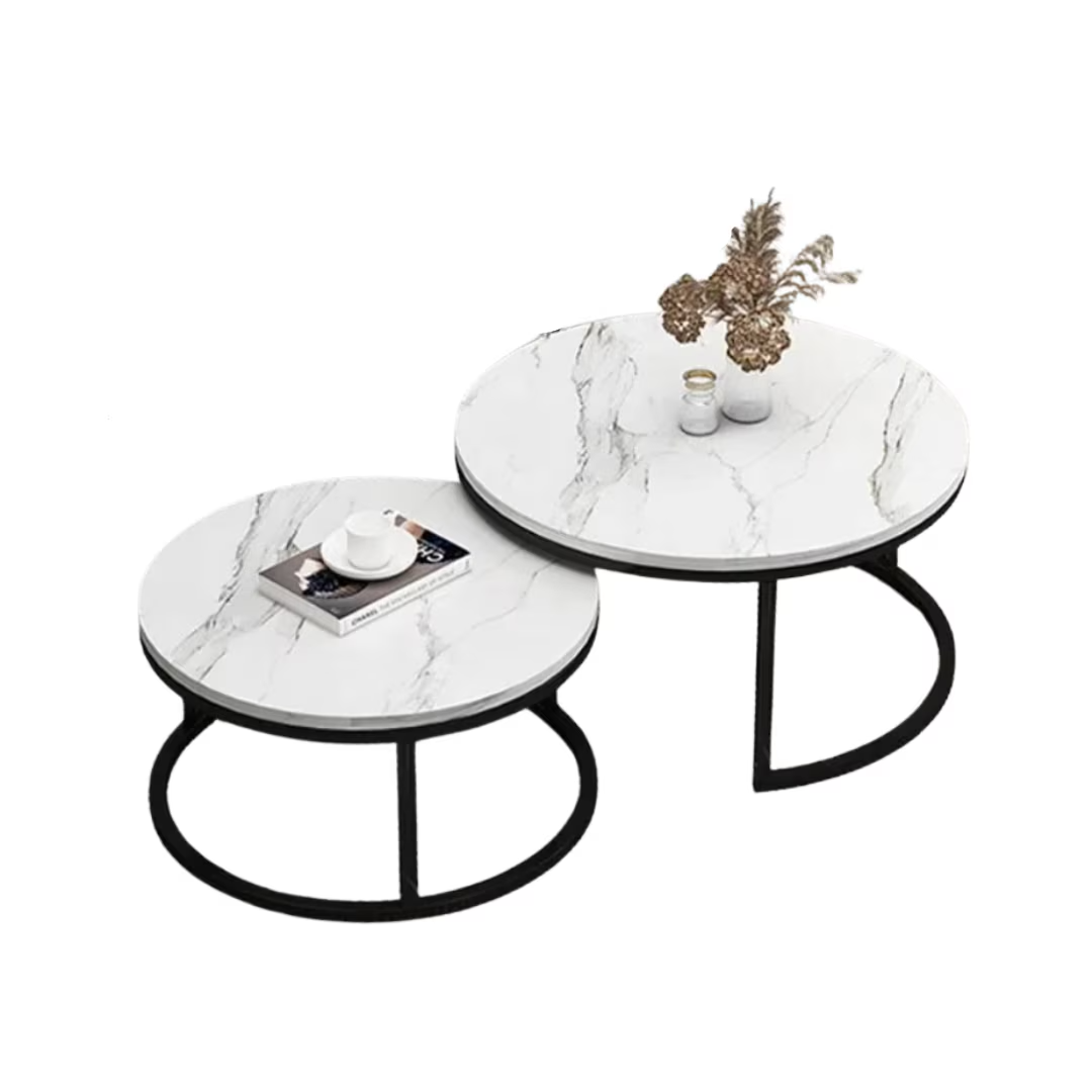Set 2 masute rotunde de cafea cu efect de marmura, diametru 80/60 cm, blat MDF, cadru metalic