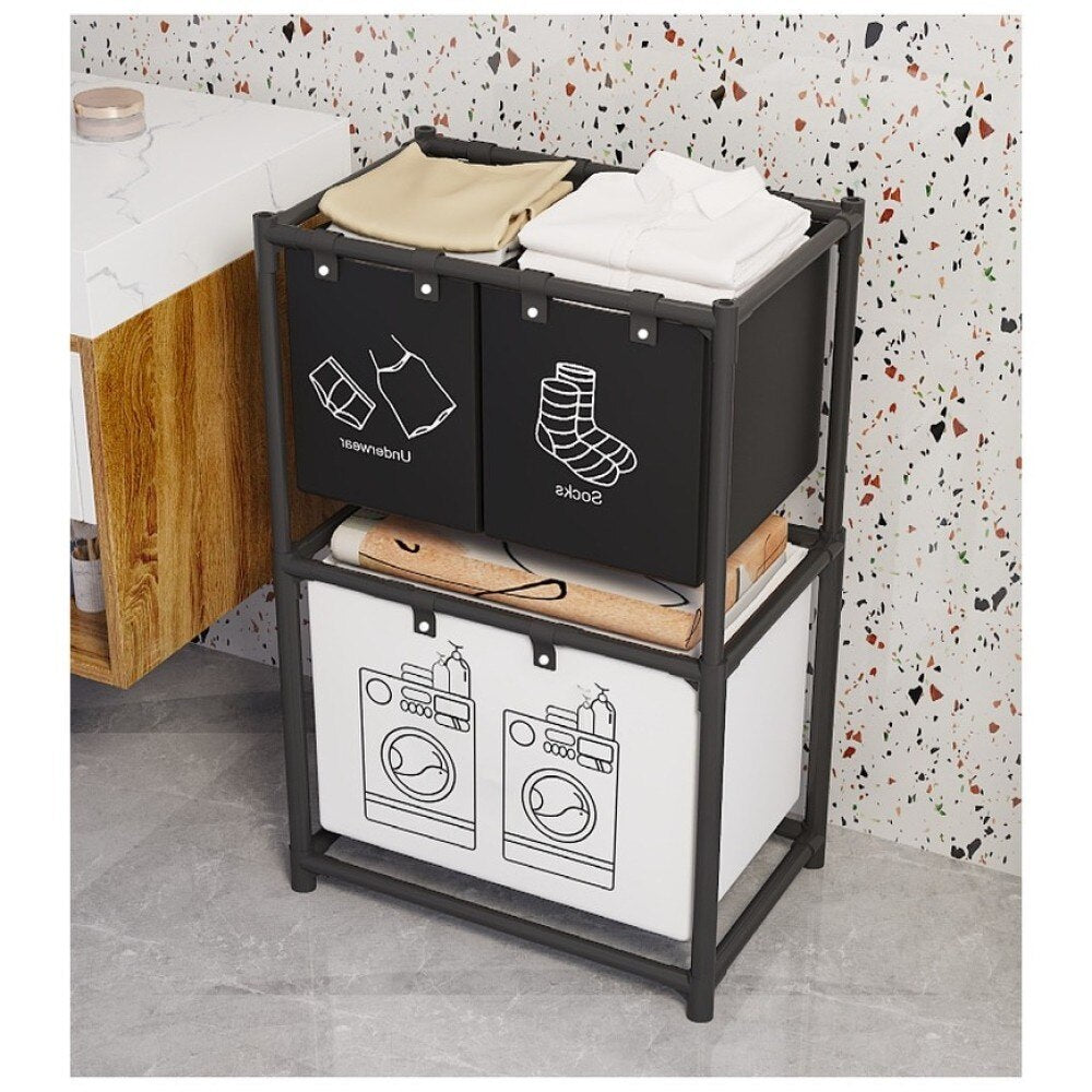 Raft pentru baie cu cos de rufe, doua straturi, cadru de otel inoxidabil, 97x28x57 cm, negru