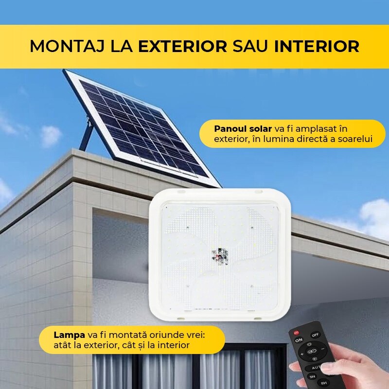 Aplica LED 100W, 200W sau 300W cu Panou Solar, Interior/Exterior, Plafoniera Patrata, Lumina Rece/Calda