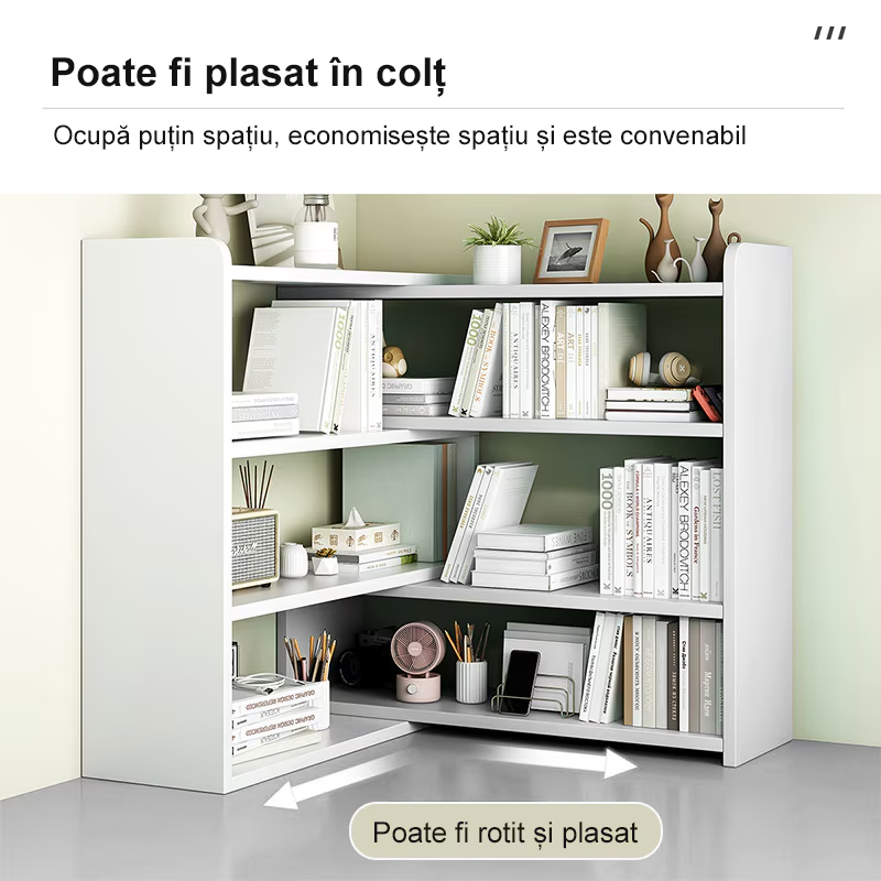 Biblioteca cu 6 compartimente, rotativa, cu lungime reglabila si extensibila, (60-120)×17×80cm, alb
