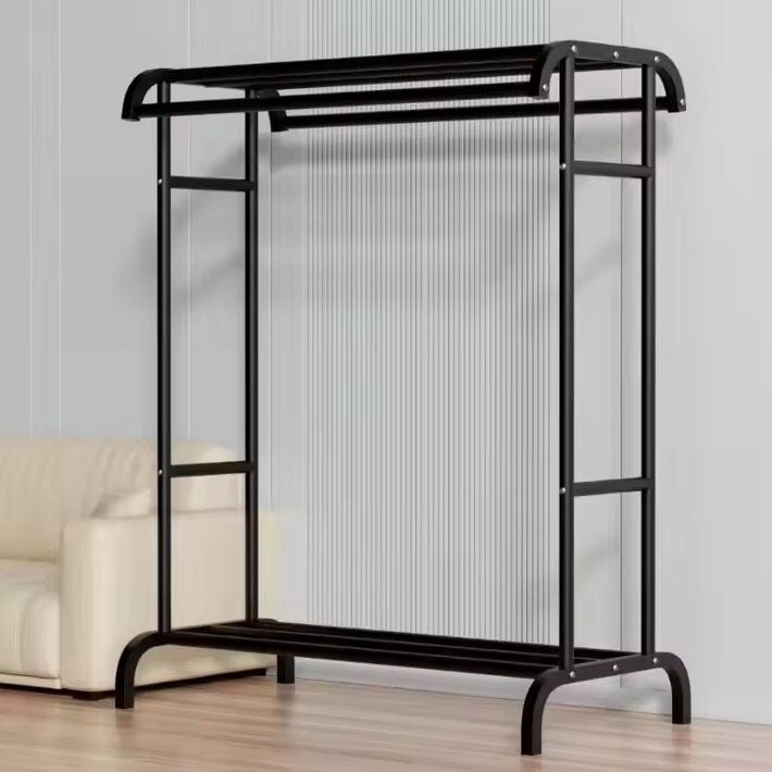 Suport dublu de umerase pentru haine, cu 1 suport de pantofi, din metal, cu raft depozitare deasupra – 50KG greutate maxima, 150x120x48cm