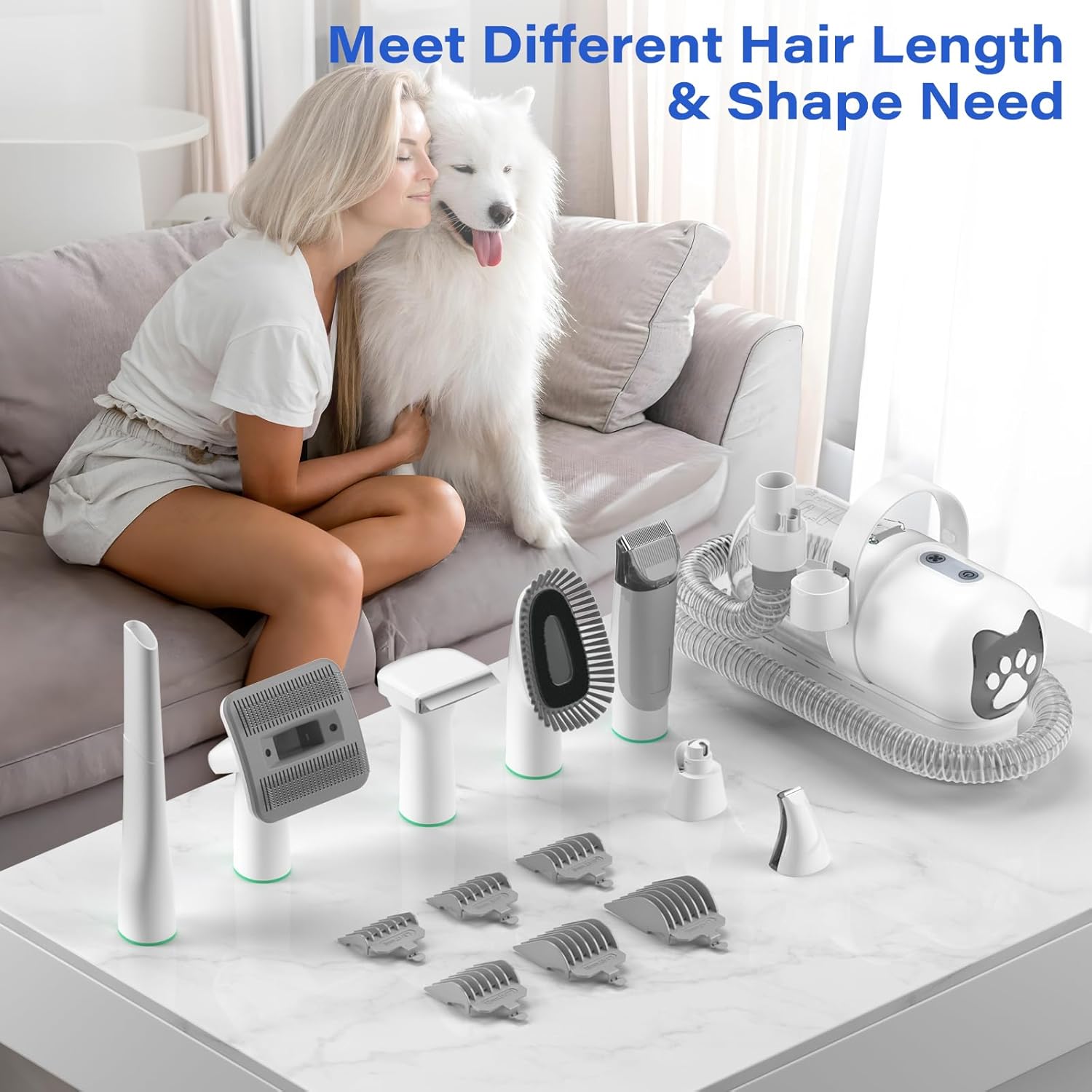 Masina de tuns animale 7 in 1 cu Aspirator integrat – Caini si Pisici, 6 dimensiuni de tuns, zgomot redus, Alb