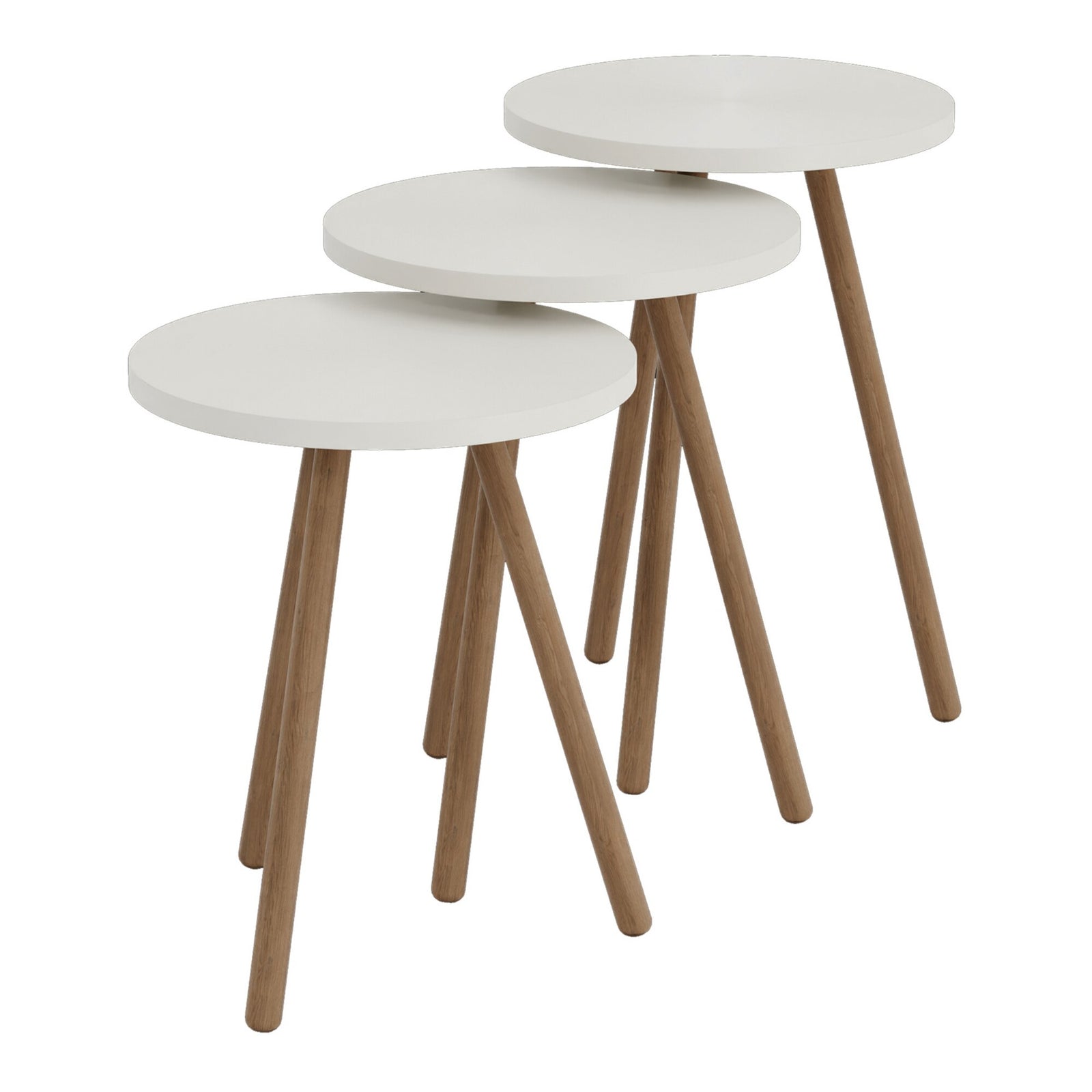 Set 3 masute decorative rotunde, cu picioare din lemn, stil scandinav, 3 inaltimi 41 / 45 / 49 cm
