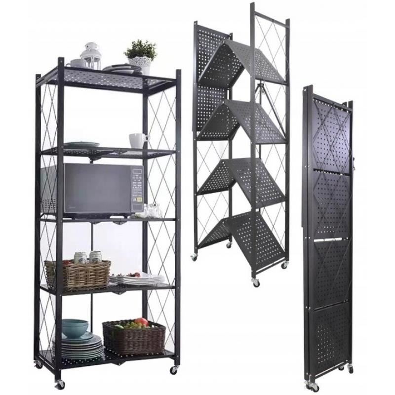 Raft depozitare metalic, pliabil, pe roti, 5 polite, Negru, 50 kg, 72x34x163 cm