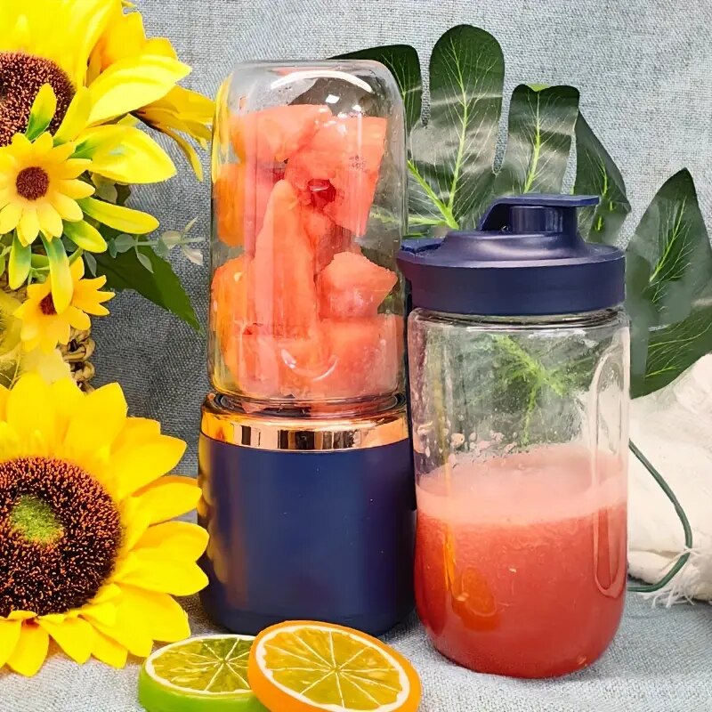 Mini Blender Portabil Electric, Cu Acumulator, 2 Recipiente, 6 Lame 3D, 300 ml, 40W, Capac Inclus, Albastru