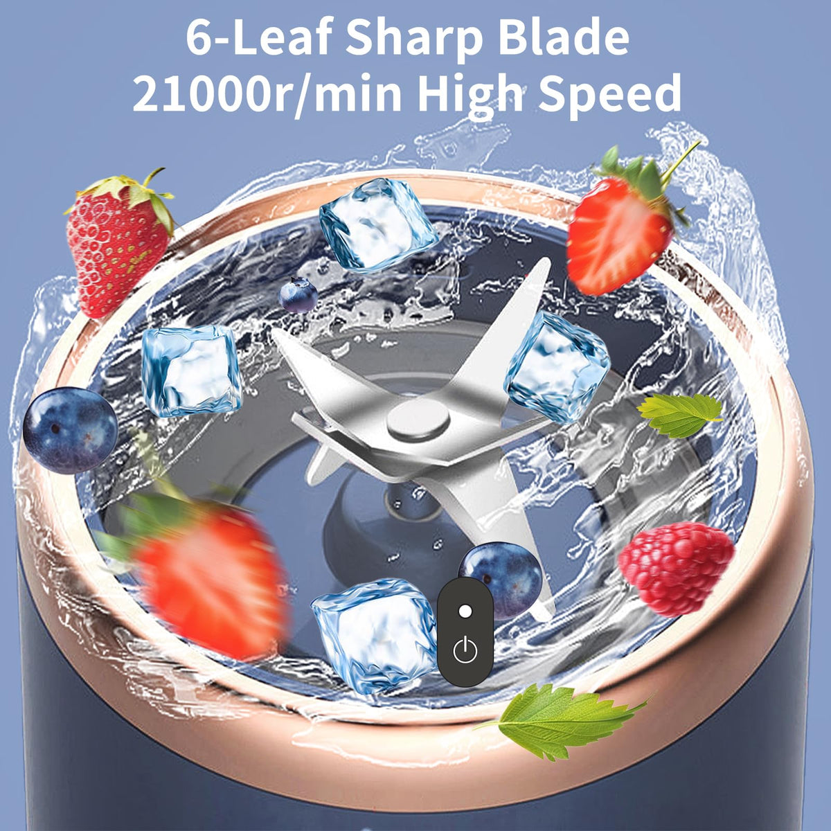 Mini Blender Portabil Electric, Cu Acumulator, 2 Recipiente, 6 Lame 3D, 300 ml, 40W, Capac Inclus, Albastru