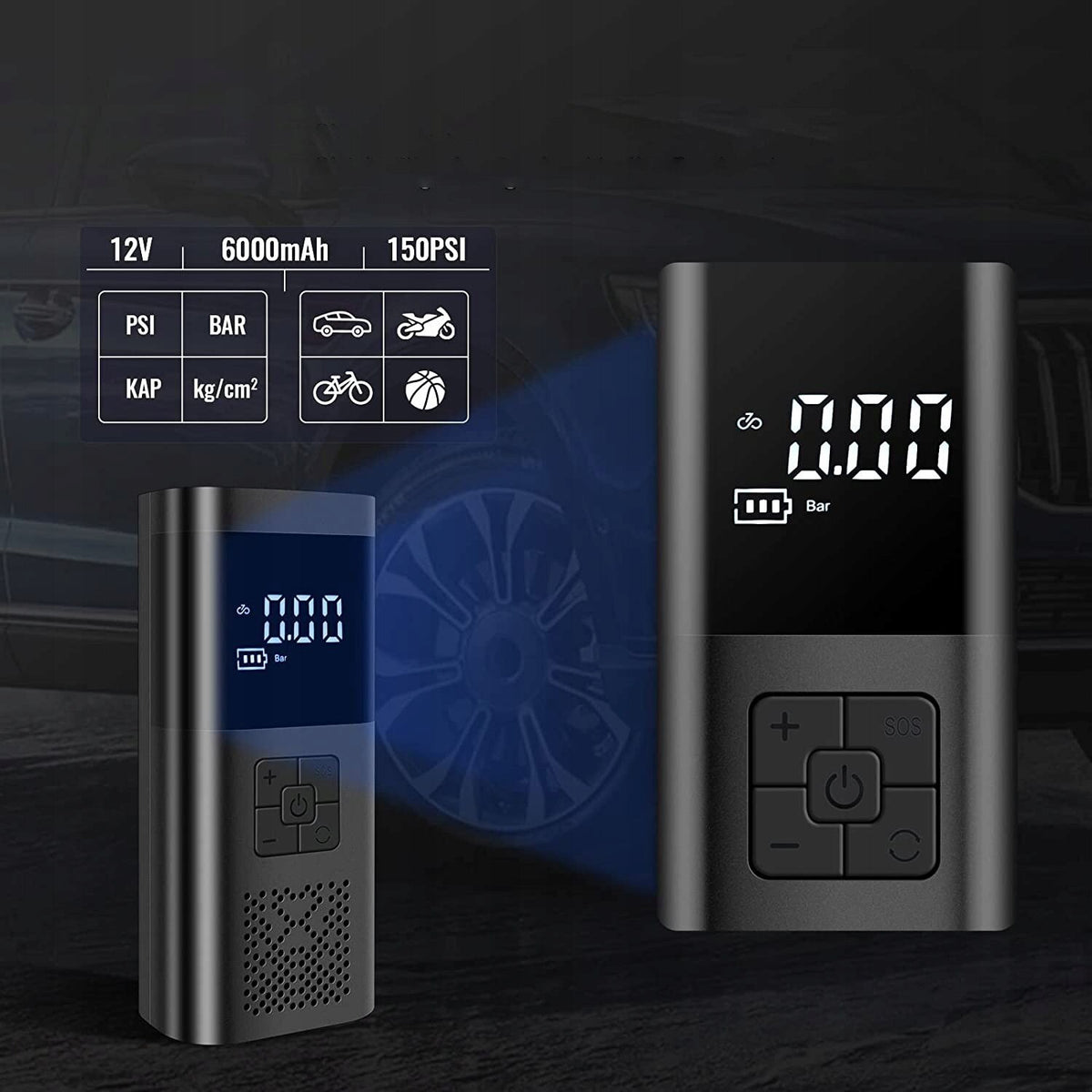 Compresor Auto Portabil, 3 in 1, Baterie 6000mAh Tip Powerbank, Digital, Manometru, Lanterna LED, 150PSI, Debit 20L, Incarcare USB,