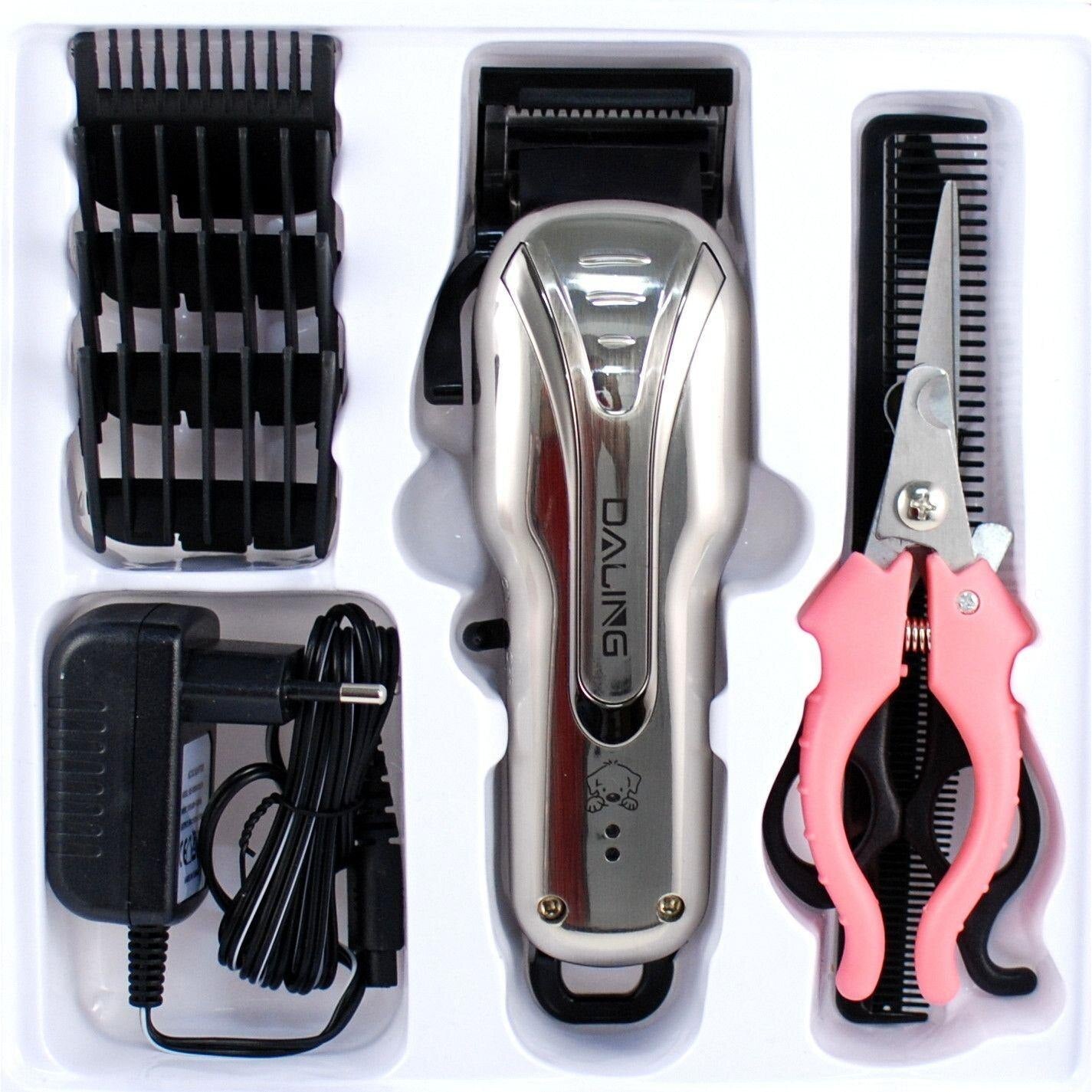 Masina  de Tuns Animale, Pentru Caini, Pisici, Oi, 8 in 1, Silentioasa, Fara Fir, Autonomie 150 Minute, 4 Capete, Accesorii unghii incluse, Argintiu