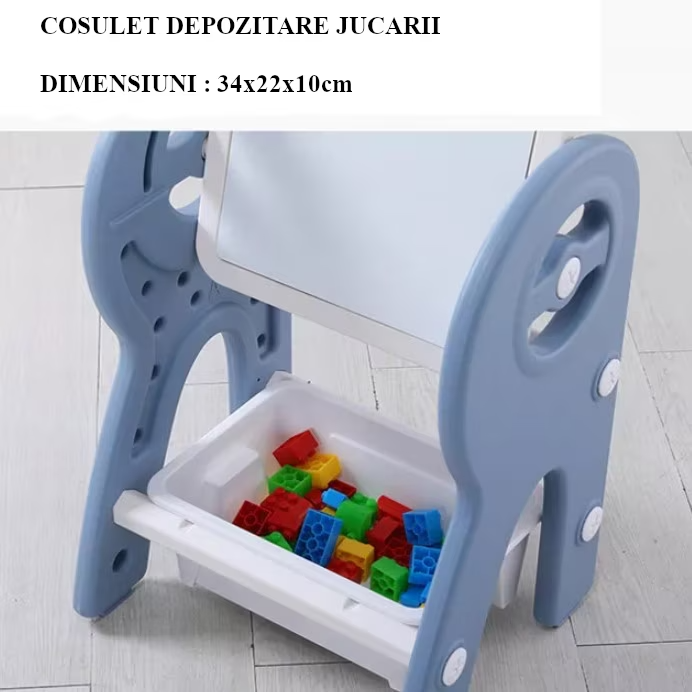 Set masa si scaun pentru copii, interactiva 2 in 1 cu tabla de scris si masa lego, cu 2 carioci si jucarii lego incluse