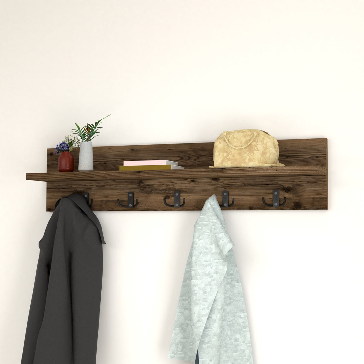 Cuier de perete cu 1 raft si 5 agatatori, montabil pe perete,   80 x 11 x 18 cm, PAL 18 mm