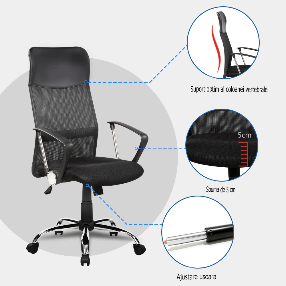 Scaun de birou ergonomic, mesh, inaltime reglabila, mecanism tilt, Negru