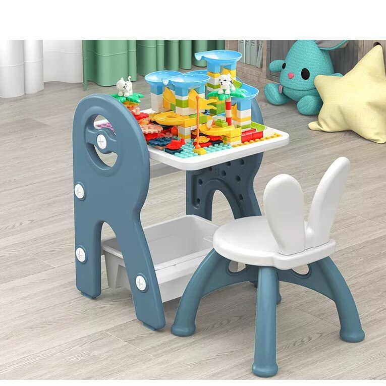 Set masa si scaun pentru copii, interactiva 2 in 1 cu tabla de scris si masa lego, cu 2 carioci si jucarii lego incluse