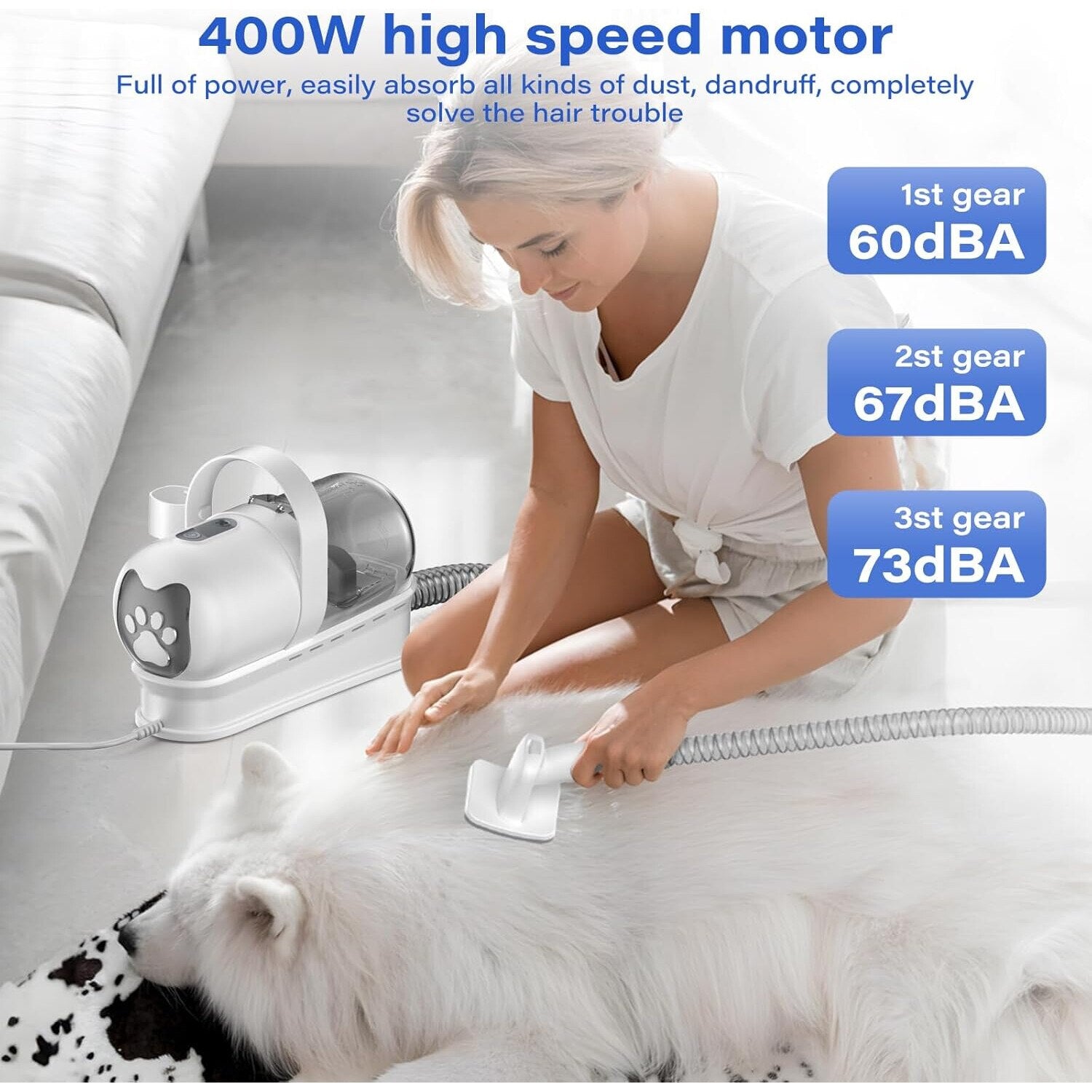 Masina de tuns animale 7 in 1 cu Aspirator integrat – Caini si Pisici, 6 dimensiuni de tuns, zgomot redus, Alb