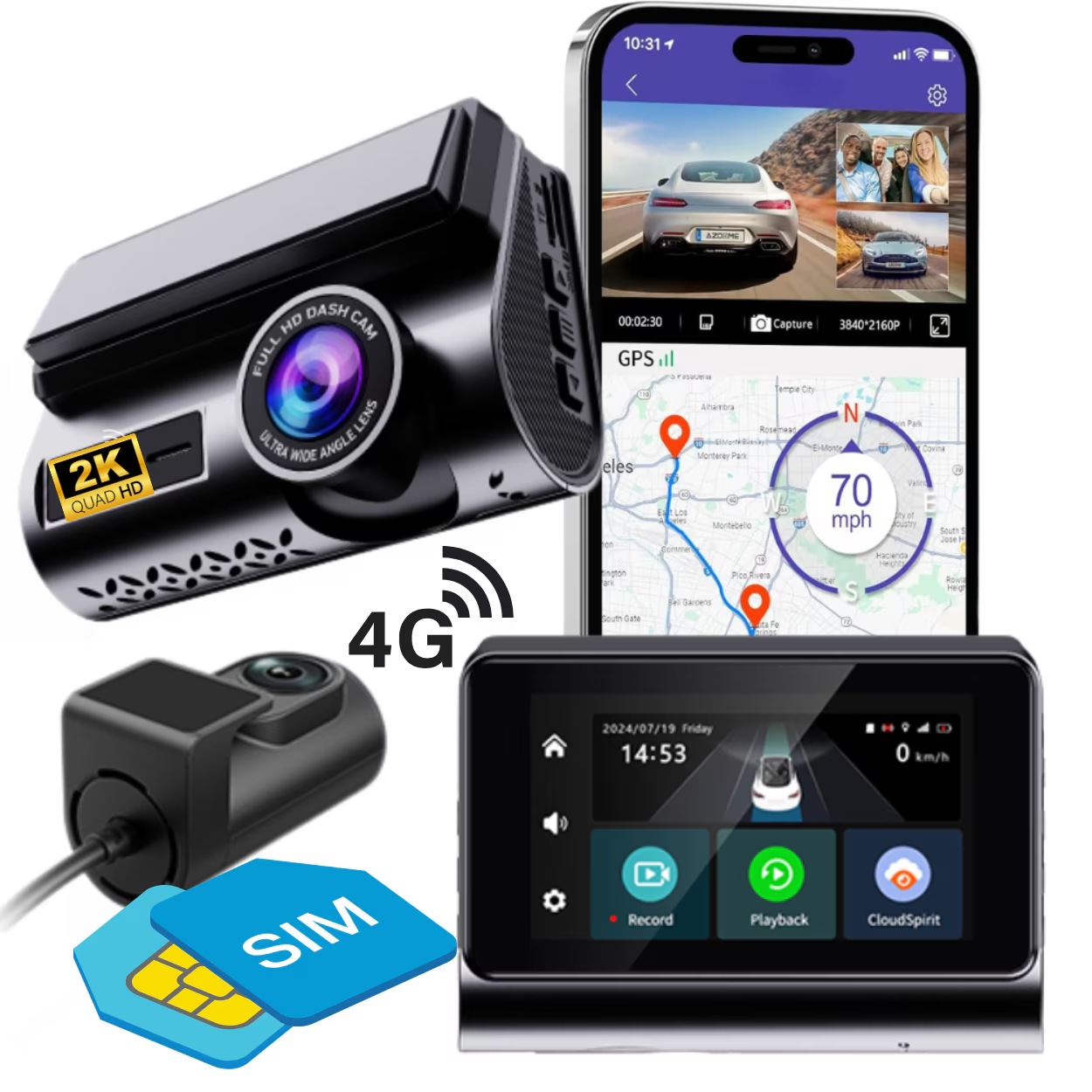 Camera video auto DVR 2K, cartela SIM 4G, monitorizare parcare 24h, 2 camere fata-spate, monitorizare parcare, control din aplicatie, G-senzor, inregistrare in bucla, vedere nocturna, unghi vizual larg, display LCD 3 inch