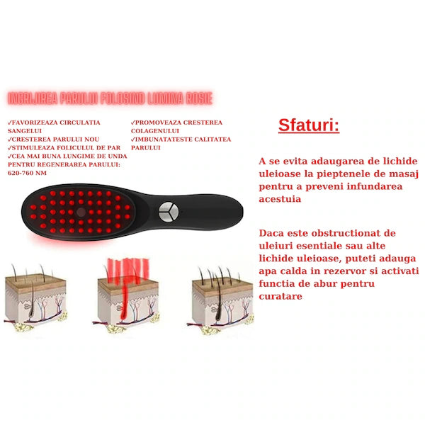 Perie termica inteligenta cu ionizare si lumina infrarosie, 46 puncte de masaj prin 3 trepte vibratii