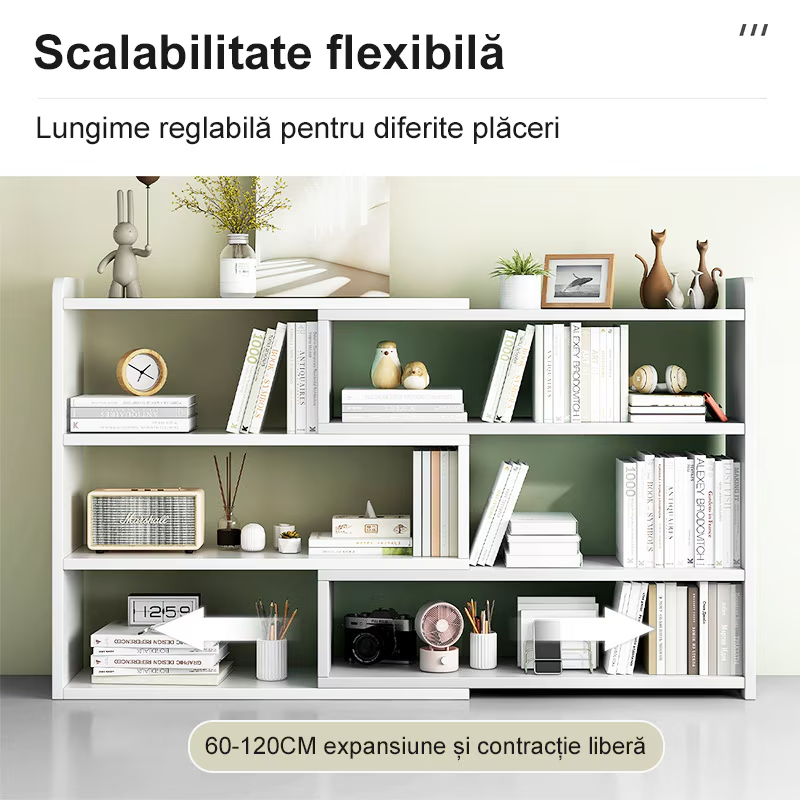 Biblioteca cu 6 compartimente, rotativa, cu lungime reglabila si extensibila, (60-120)×17×80cm, alb