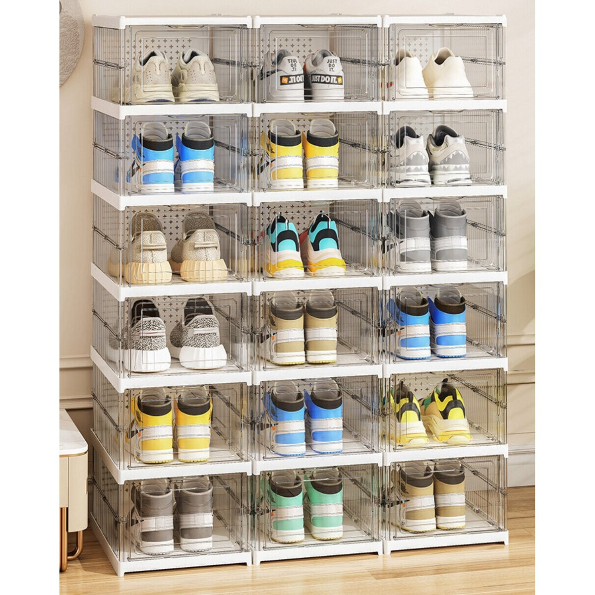 Set 4 cutii organizatoare pentru incaltaminte, pliabile, design transparent, 34.5x25.5x105cm, alb