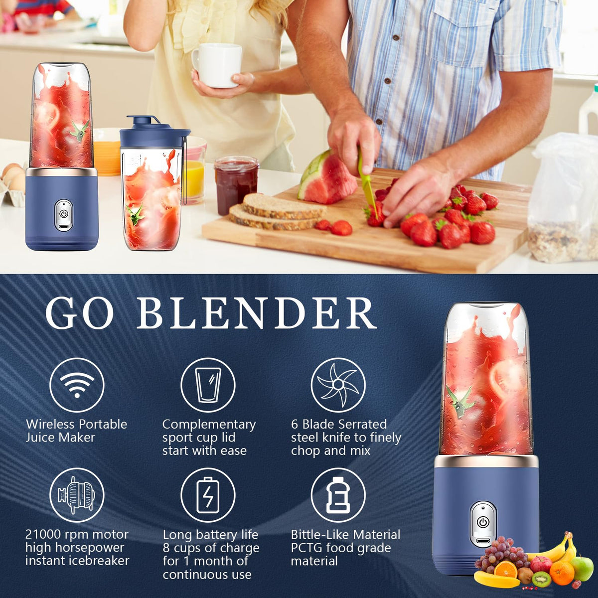 Mini Blender Portabil Electric, Cu Acumulator, 2 Recipiente, 6 Lame 3D, 300 ml, 40W, Capac Inclus, Albastru