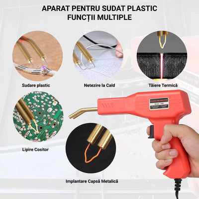 Trusa aparat sudat plastic, pistol profesional pentru lipit/sudat plastic, kit pentru repararea fisurilor din plastic, polipropilena, 200 capse de intarire, putere 50W