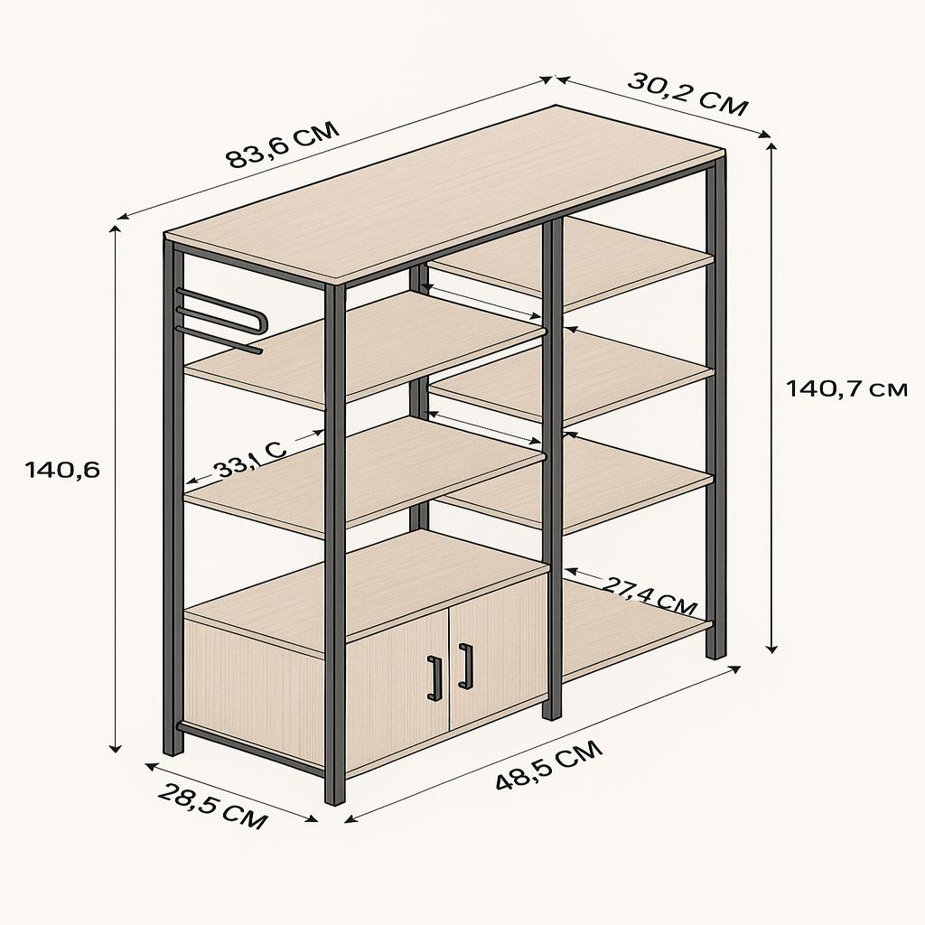 Dulap de bucătărie cu 8 rafturi și 2 uși, cadru metalic, PAL 18 mm,  140,7 x 83,6 x 30,2 cm