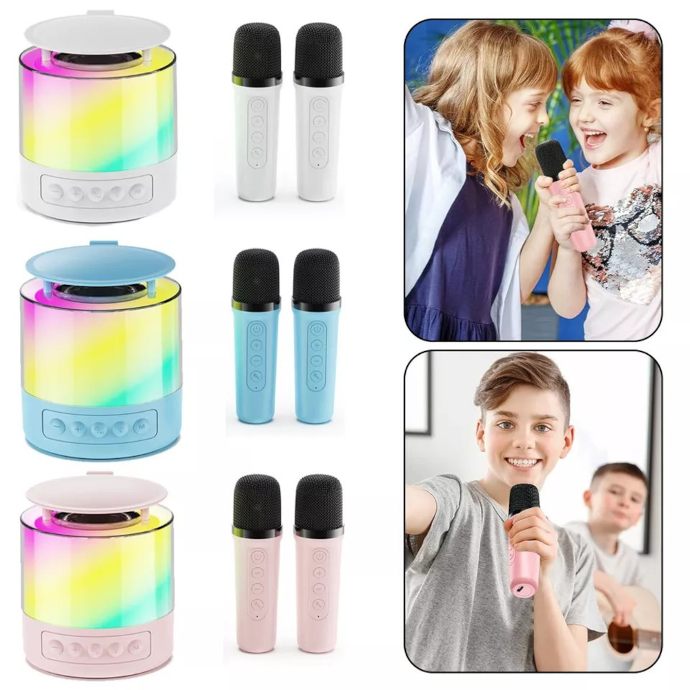 Boxa cu 2 Microfoane, Portabila, cu jocuri de lumini,RGB, rotunda, karaoke Smart copii, difuzor Wireless,