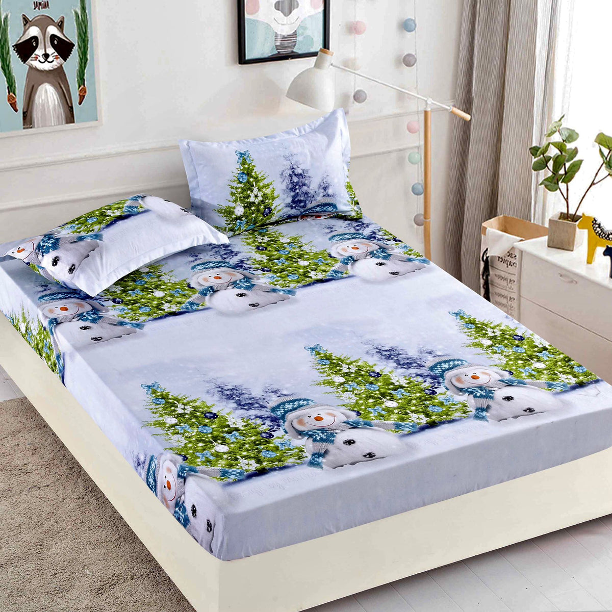 Husa de Pat cu Elastic din Bumbac Finet + 2 Fete de Perna, Pat 2 Persoane – Christmas Collections 180 x 200 cm