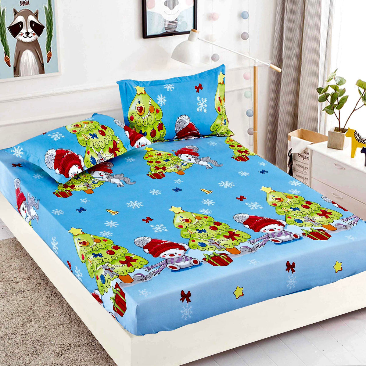 Husa de Pat cu Elastic din Bumbac Finet + 2 Fete de Perna, Pat 2 Persoane – Christmas Collections 180 x 200 cm