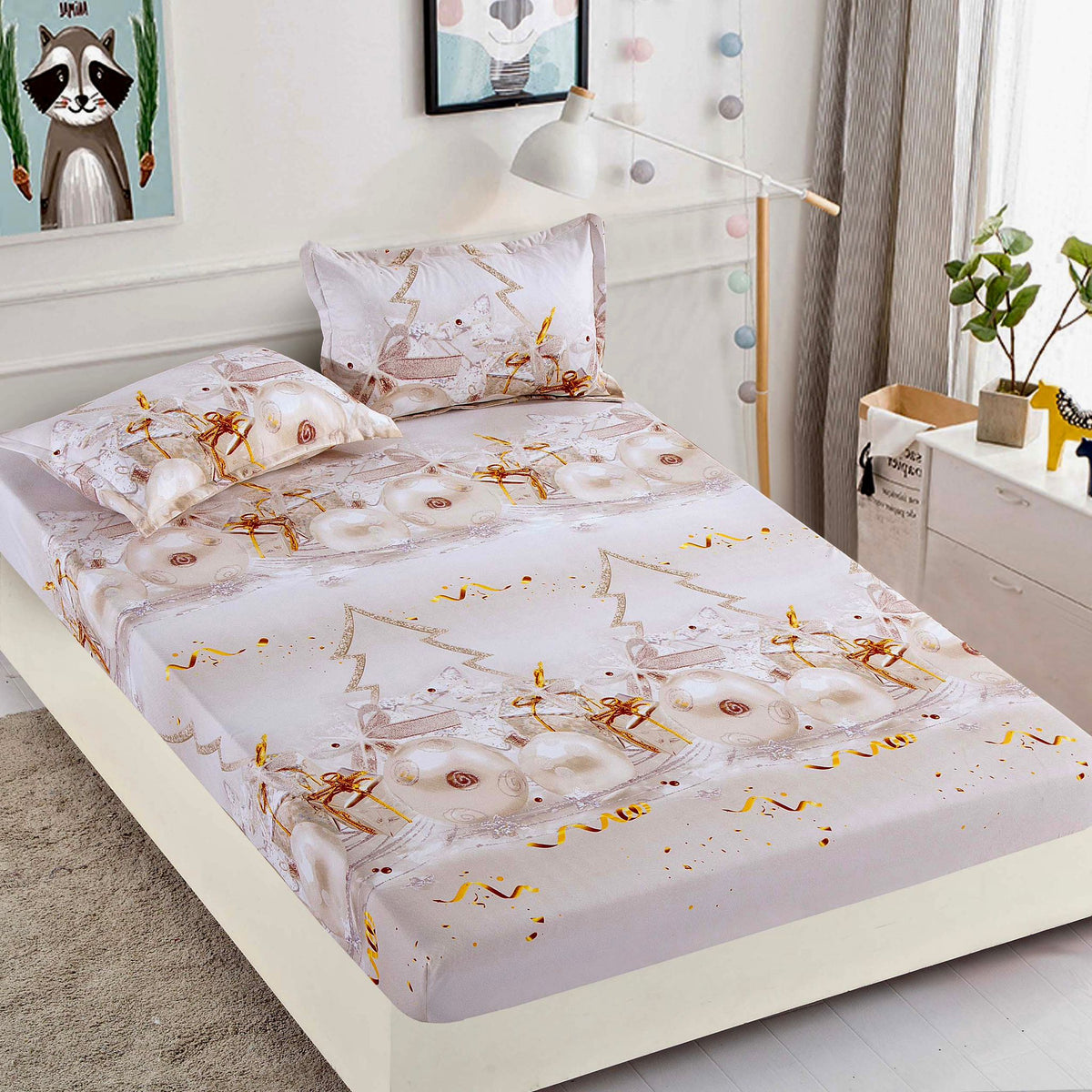 Husa de Pat cu Elastic din Bumbac Finet + 2 Fete de Perna, Pat 2 Persoane – Christmas Collections 180 x 200 cm