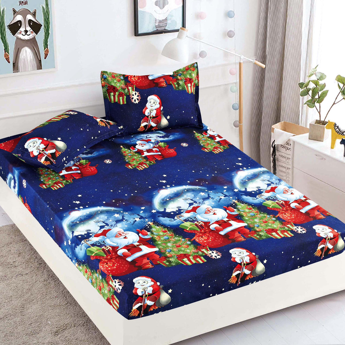 Husa de Pat cu Elastic din Bumbac Finet + 2 Fete de Perna, Pat 2 Persoane – Christmas Collections 180 x 200 cm