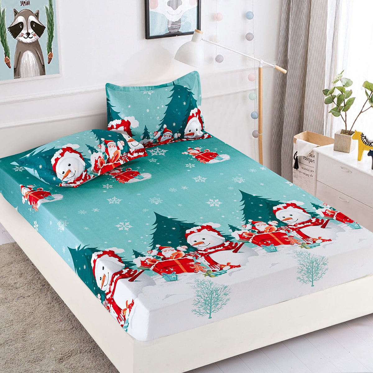 Husa de Pat cu Elastic din Bumbac Finet + 2 Fete de Perna, Pat 2 Persoane – Christmas Collections 180 x 200 cm