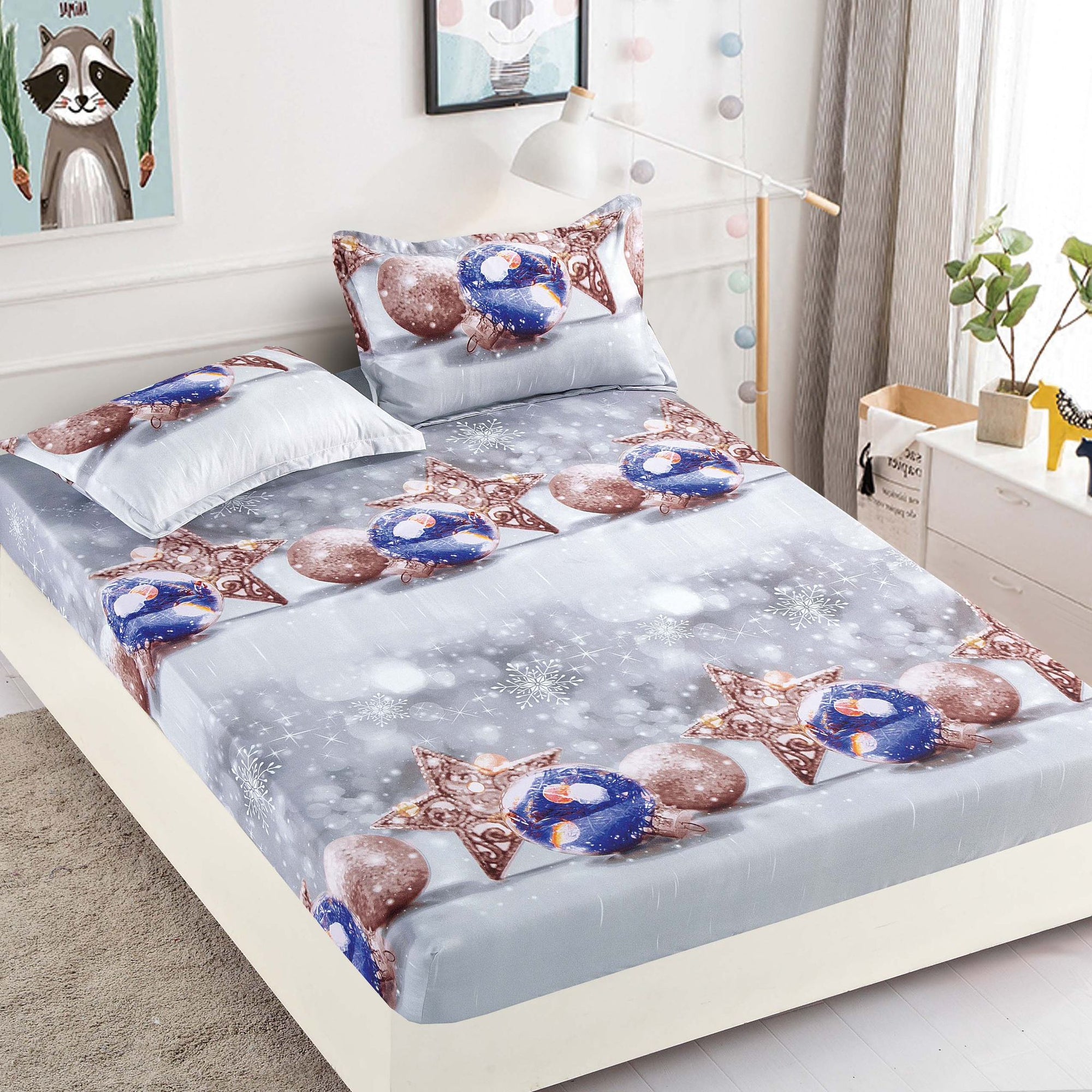 Husa de Pat cu Elastic din Bumbac Finet + 2 Fete de Perna, Pat 2 Persoane – Christmas Collections 180 x 200 cm