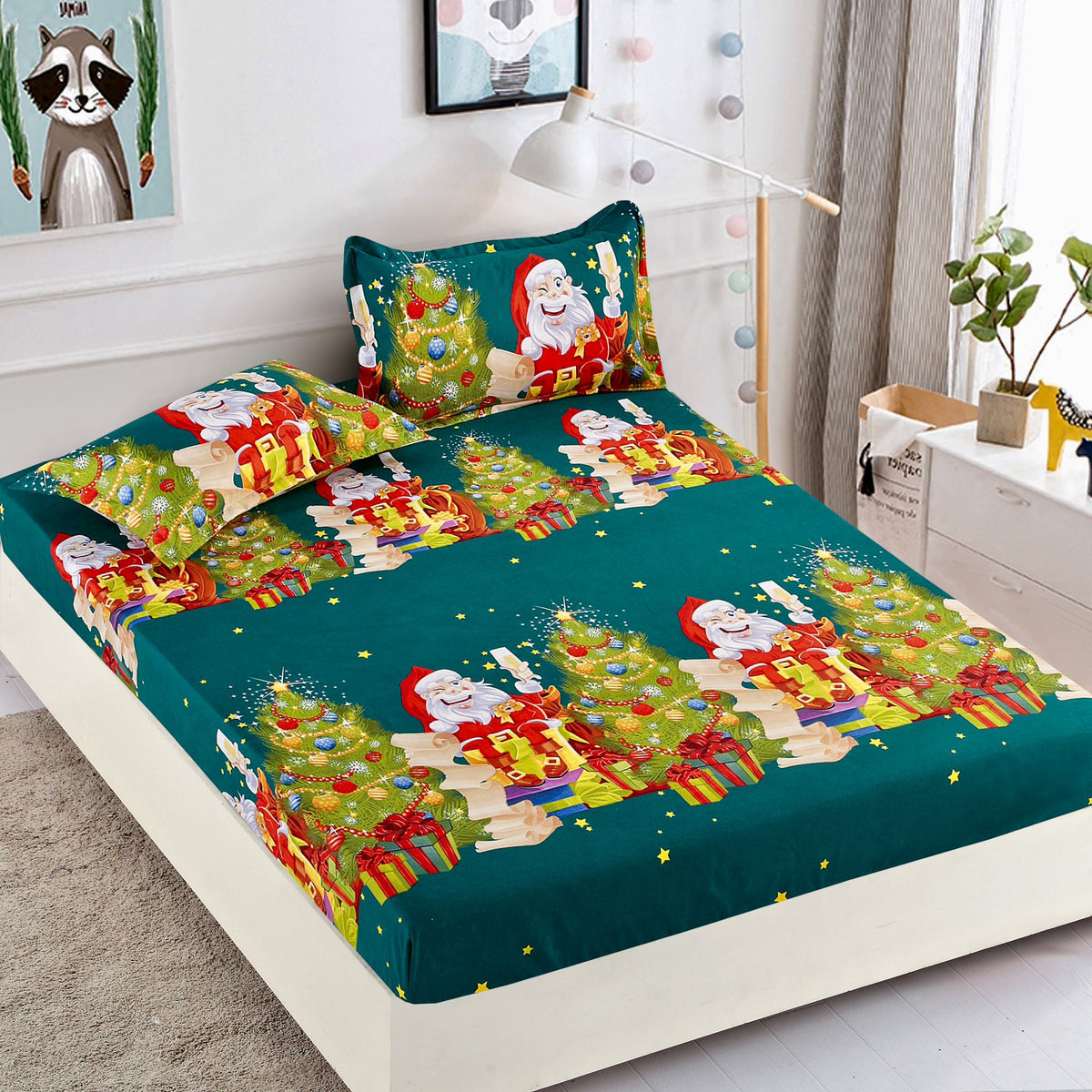 Husa de Pat cu Elastic din Bumbac Finet + 2 Fete de Perna, Pat 2 Persoane – Christmas Collections 180 x 200 cm