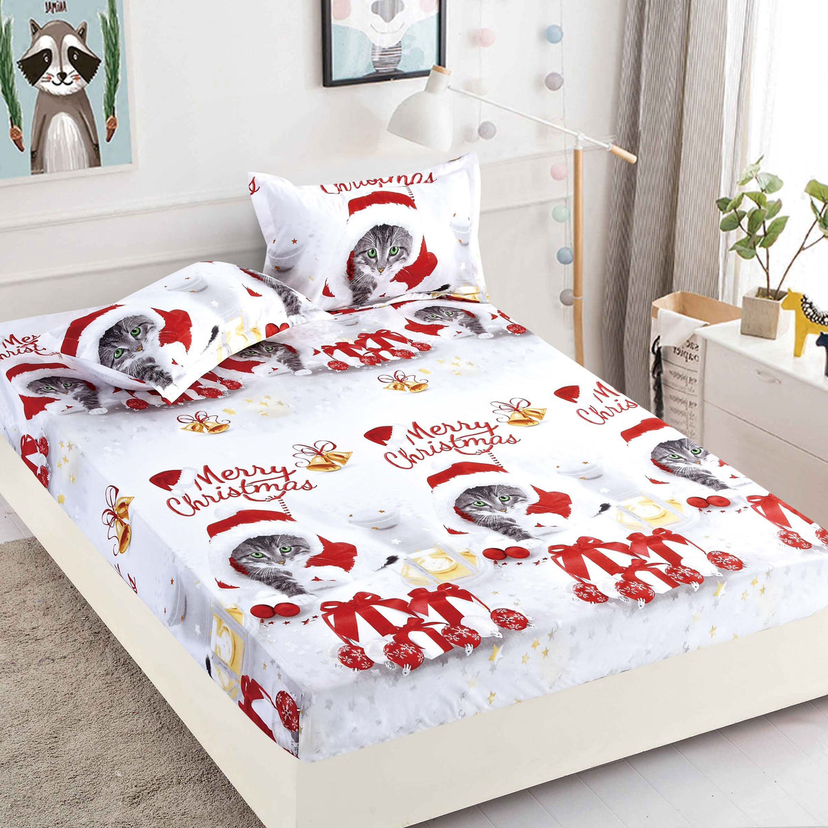Husa de Pat cu Elastic din Bumbac Finet + 2 Fete de Perna, Pat 2 Persoane – Christmas Collections 180 x 200 cm