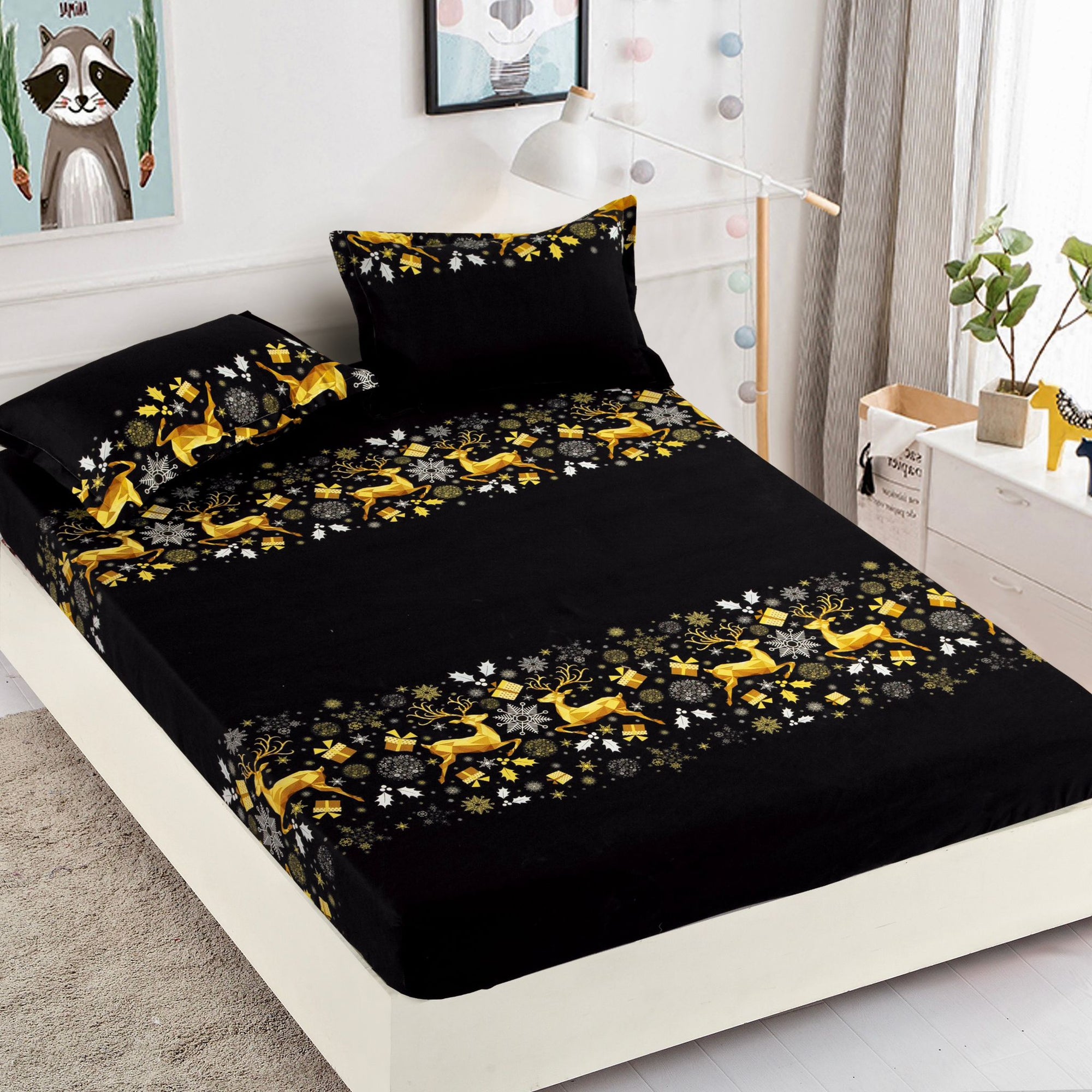 Husa de Pat cu Elastic din Bumbac Finet + 2 Fete de Perna, Pat 2 Persoane – Christmas Collections 180 x 200 cm