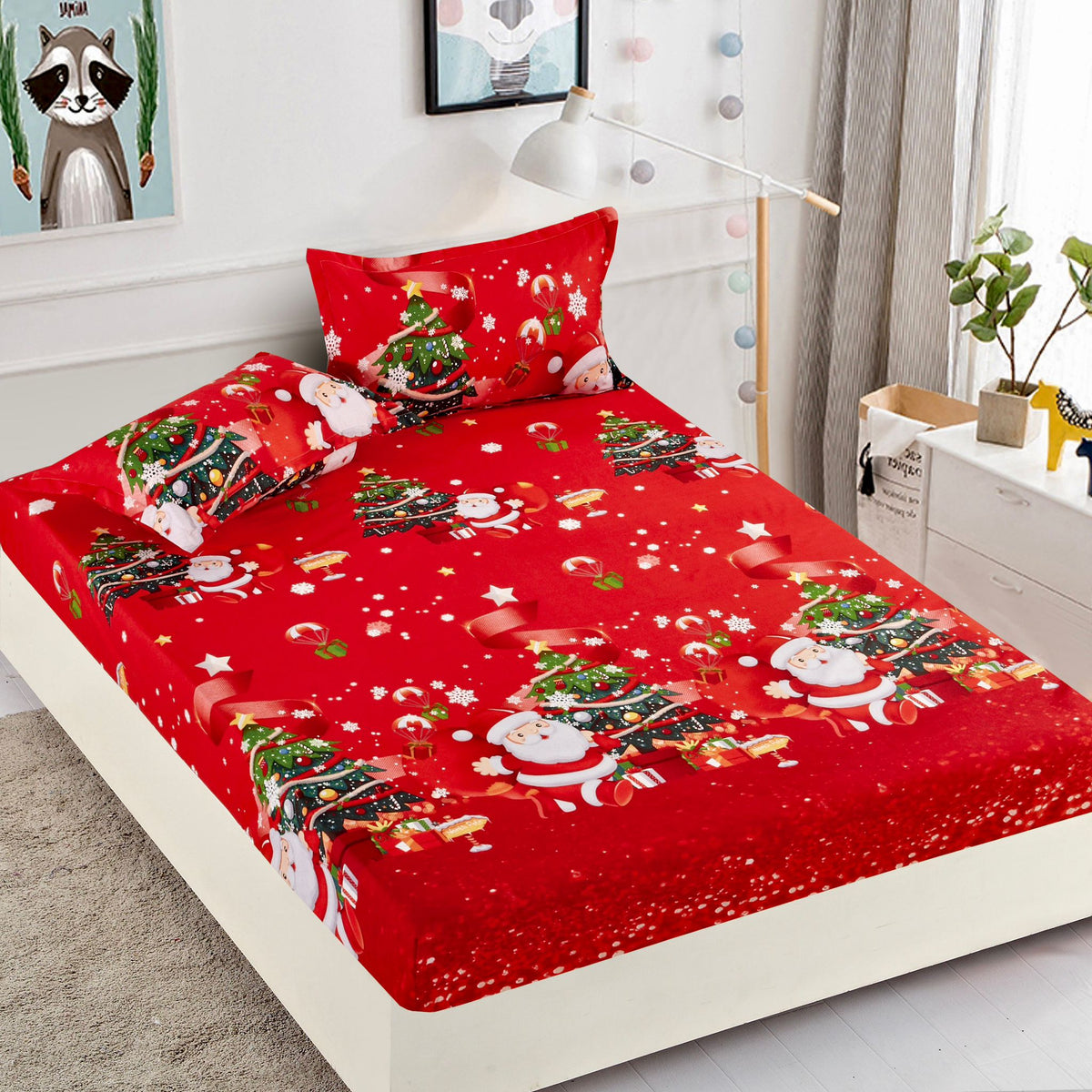 Husa de Pat cu Elastic din Bumbac Finet + 2 Fete de Perna, Pat 2 Persoane – Christmas Collections 180 x 200 cm